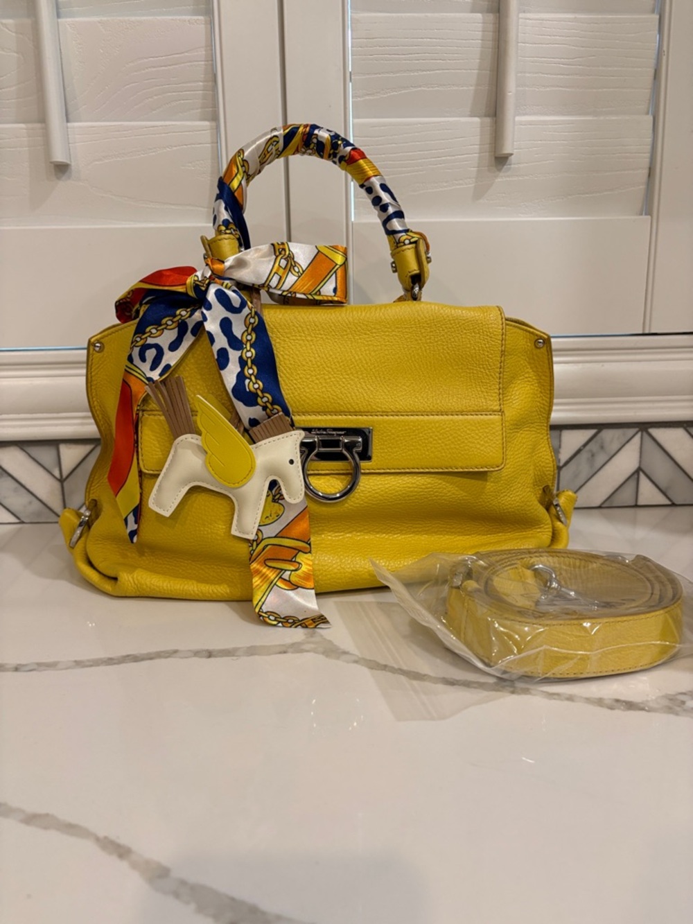 Salvatore Ferragamo Yellow Pebbled Leather Satchel with Crossbody Strap